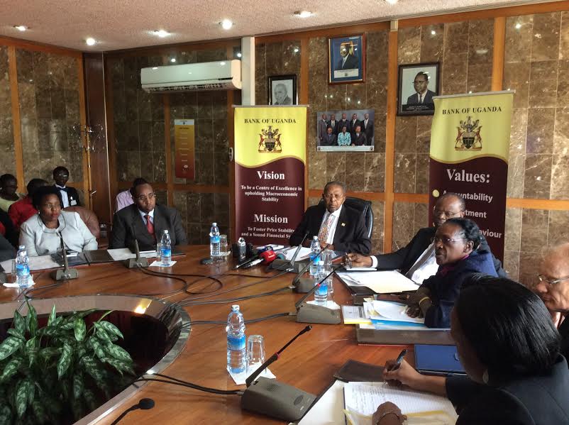 Bank of Uganda officials at a press conference in which the governor, Emmanuel Tumusiime-Mutebile, said the central bank is taking over the management of Crane Bank. Photo: Uganda Business News
