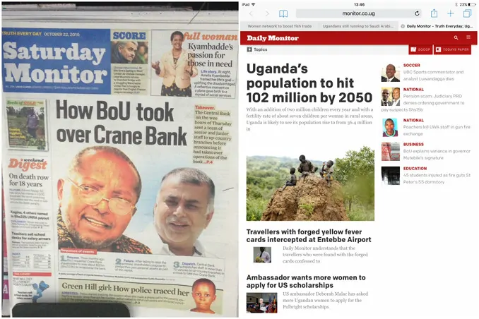 A print copy of Saturday Monitor on the stand, and a screenshot of the newspaper's website taken. The two pictures were taken at the same time. Some of the stories in the newspaper were missing from the website, and have still not been published. Photo: Uganda Business News