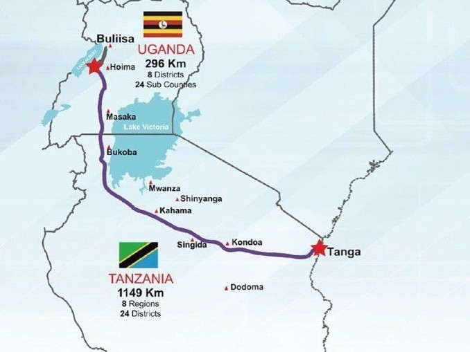 Map showing the East African Crude Oil Export Pipeline route.