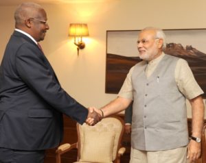 Sam Kutesa, Uganda's foreign minister, and India's prime minister, Narendra Modi, in New Delhi in 2014.