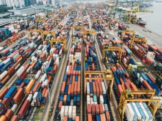 An aerial photo of cargo crates