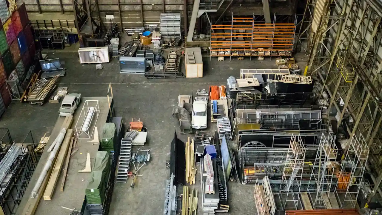 A high view of a large storage area with various racks and containers