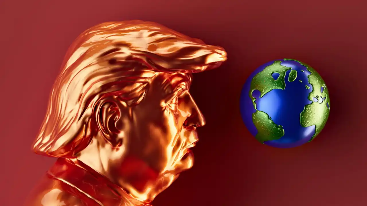 A golden bust of Donald Trump, with his eyes closed, faces a globe.