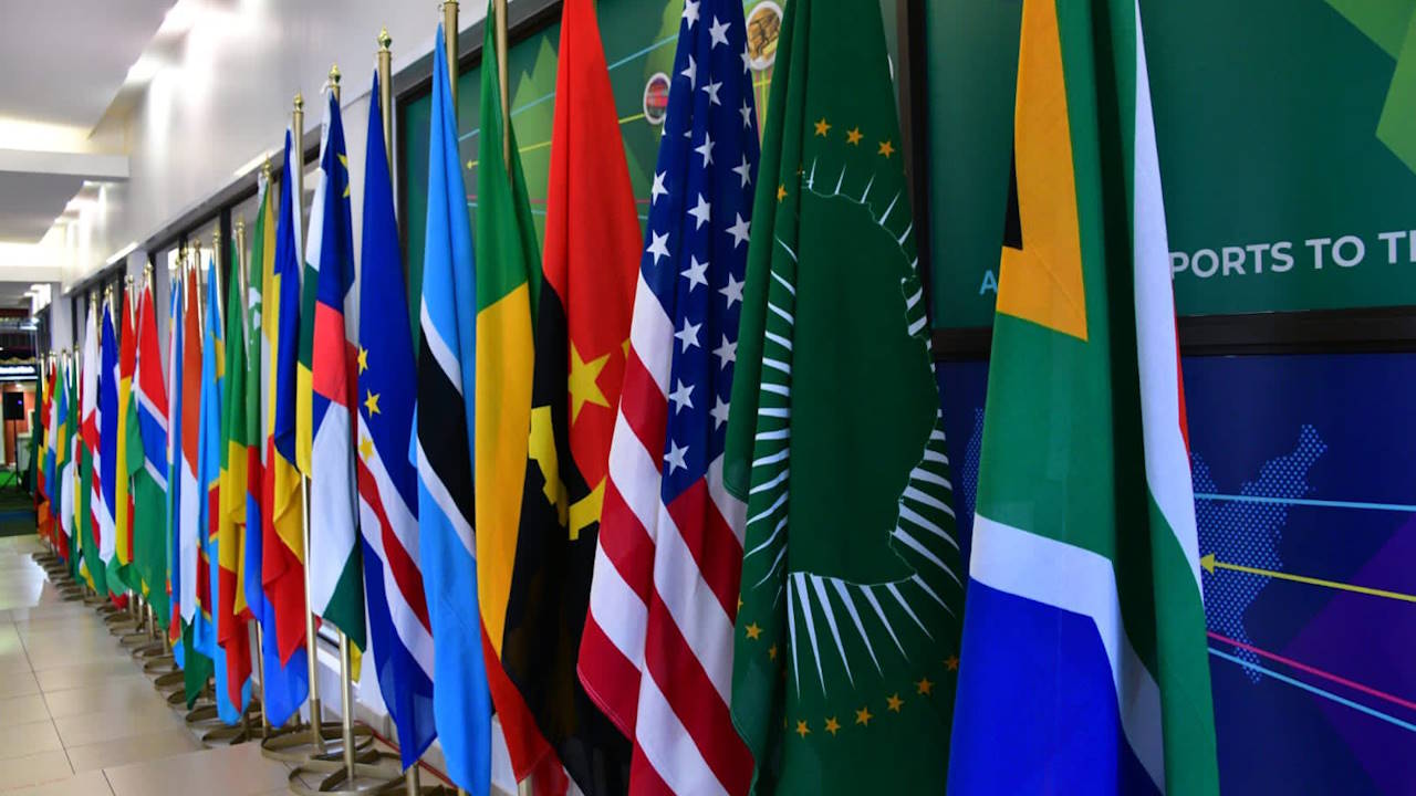 Flags of African countries and the United States flag at the 20th African Growth and Opportunities Act Forum held in Johannesburg, November 2023