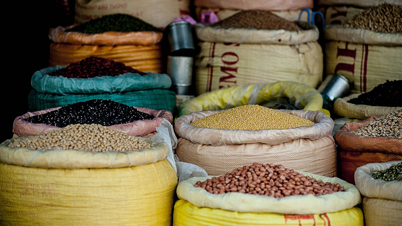 Assorted grains and pulses in a market