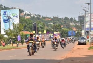Boda boda cyclists on a Kampala road