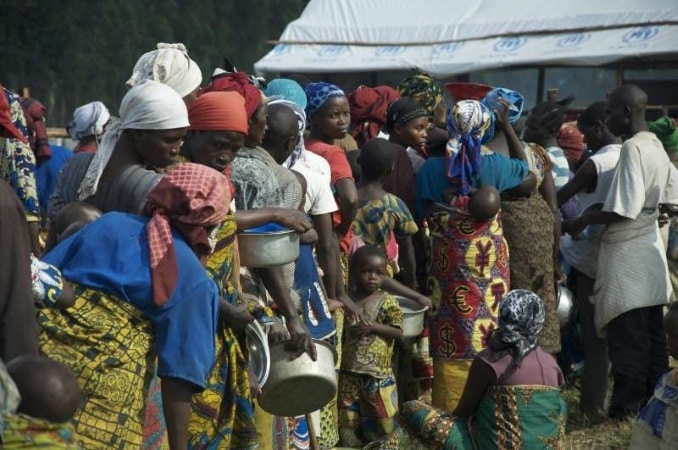 Congolese refugees queuing up for aid in Bundibugyo district, Uganda
