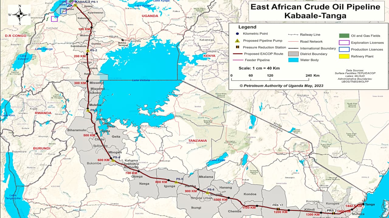 The East African Crude Oil Pipeline route from Uganda to Tanzania