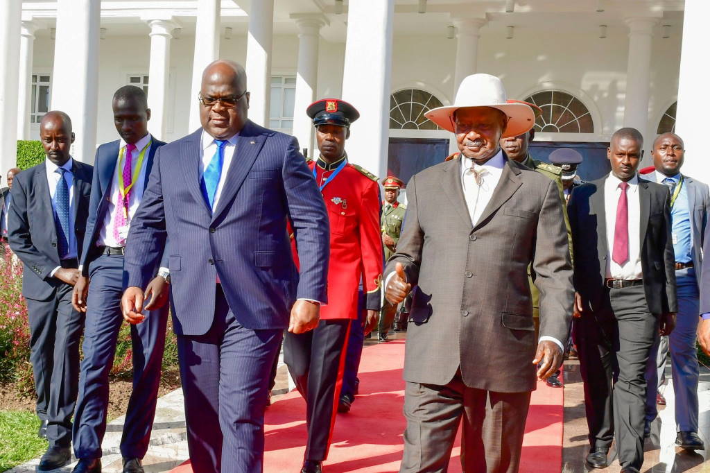 President Yoweri Museveni of Uganda welcomes presidents Felix Felix Tshisekedi of the Democratic Republic of Congo