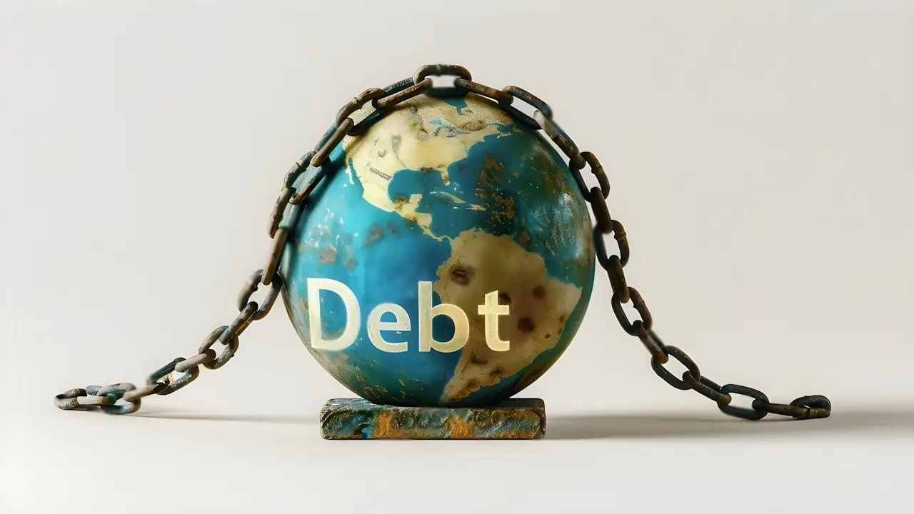 Globe weighed down by a chain and labelled 'debt': global debt crisis, economic burden, financial instability, liquidity crisis