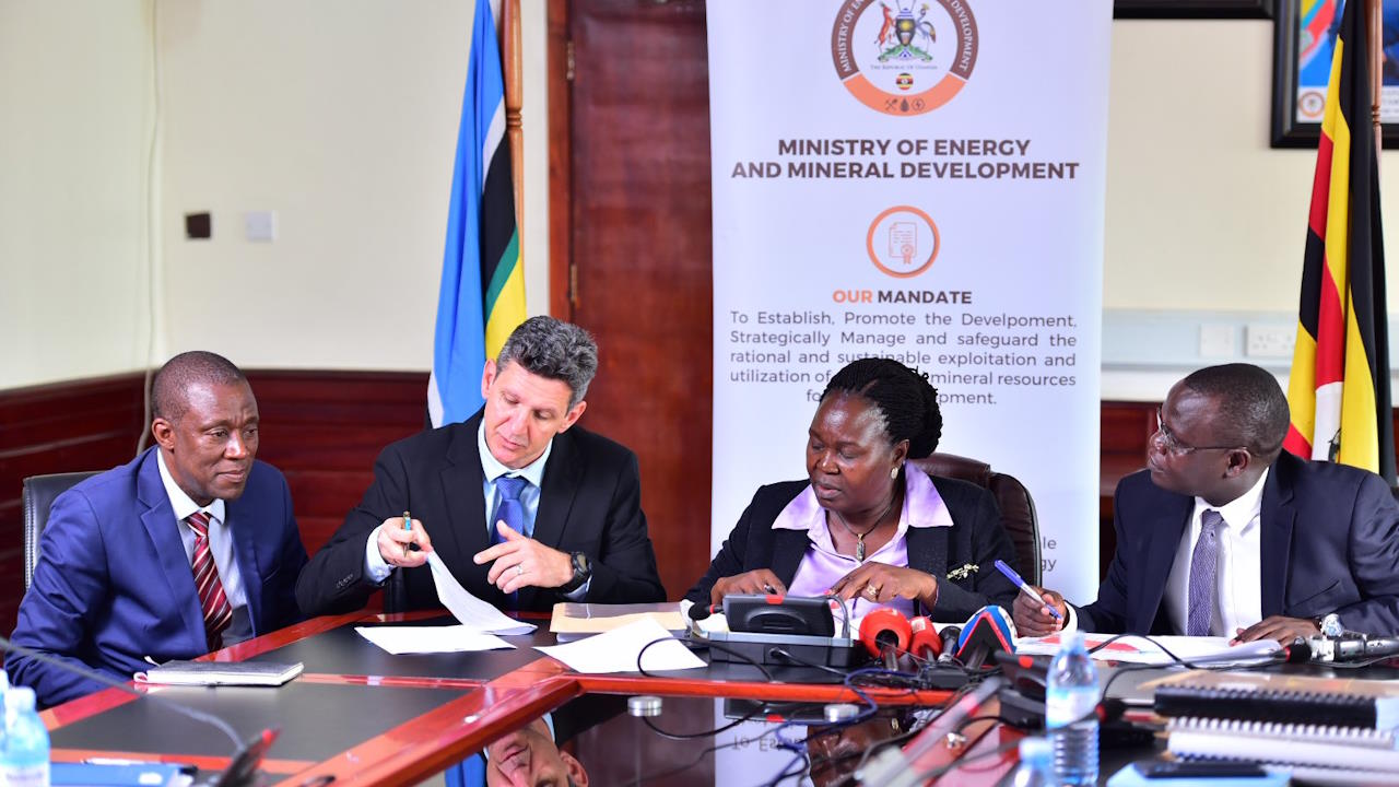 Ruth Nankabirwa, the minister of energy and mineral development, after signing the mining licence on 17 January 2024 in Kampala. With her are Patience Singo (left), the country manager of Rwenzori Rare Metals, the owner of the Makuutu project and a subsidiary of Ionic Rare Earths Ltd, and Warren Tregurtha (second left), the chief executive of Rwenzori Rare Metals, and Vincent Kedi, commissioner licencing and administration in the ministry of energy. Ionic Rare Earths Limited said Wednesday that it has been granted a 21-year mining licence by the Ugandan government for the central tenement of its Makuutu heavy rare earths project, paving the way for a final investment decision later this year and production in 2026. The tenement covers 43.78 square kilometres of the project's 298 square kilometres.