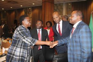 Uganda's energy minister, Irene Muloni, Medard Kalemani, the minister of energy, Tanzania, with other delegates from Tanzania after a meeting in Kampala