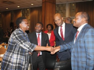 Uganda's energy minister, Irene Muloni, Medard Kalemani, the minister of energy, Tanzania, with other delegates from Tanzania after a meeting in Kampala