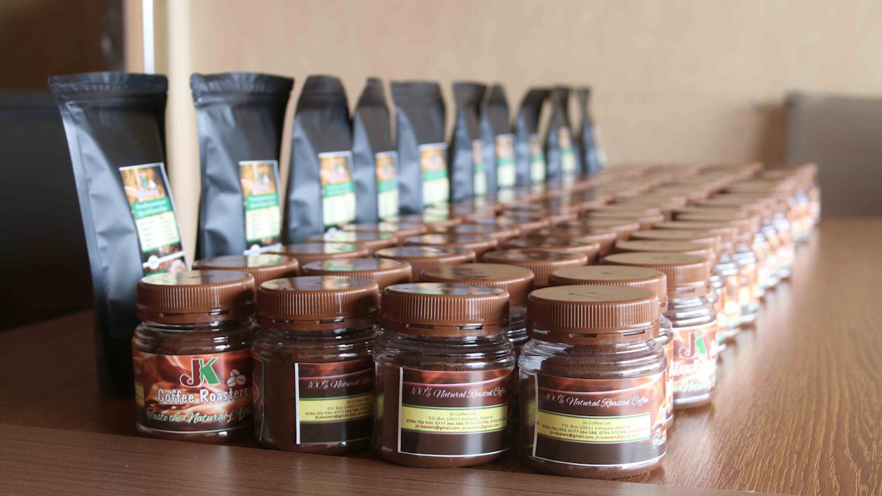 Coffee products processed by Uganda's JKCC General Supplies arranged on a table