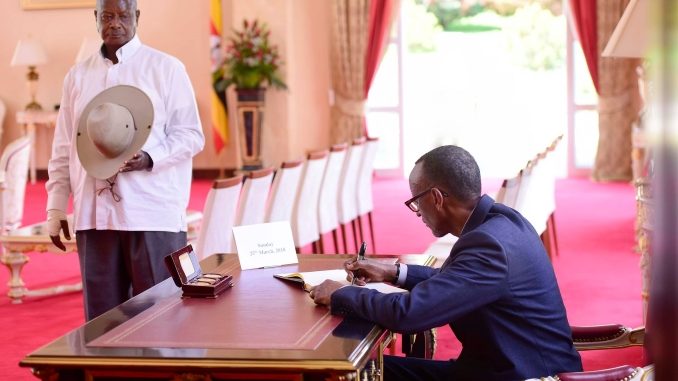 Presidents Yoweri Museveni and Paul Kagame at State House, Entebbe, in March 2018.