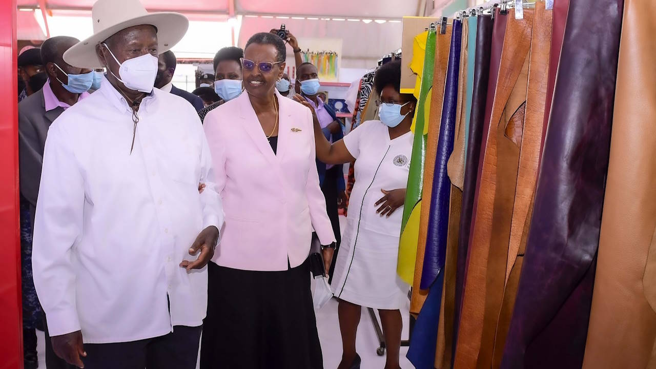 (L-R) President Yoweri Museveni, Janet Museveni, first lady and minister of education, & Monica Musenero, science minister at the National Science Exhibition, Kololo Independence Grounds, Friday 10 November