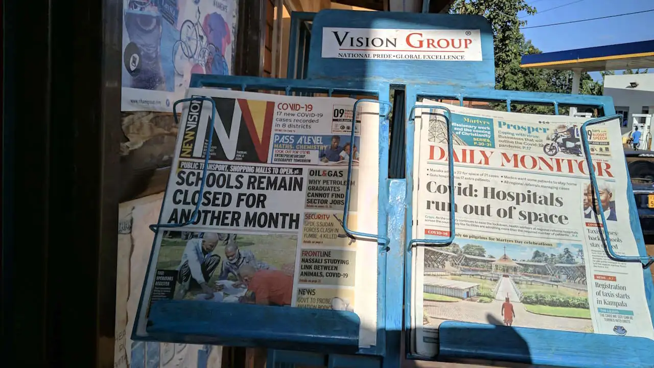 Copies of Uganda's leading English-language dailies, the New Vision and the Daily Monitor, on a newsstand in June 2020