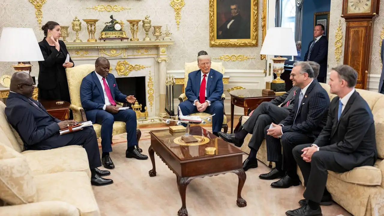 President Donald Trump speaks with President Brice Clotaire Oligui Nguema of Gabon in the Oval Office, Wednesday, July 9, 2025, before a multilateral luncheon with African leaders