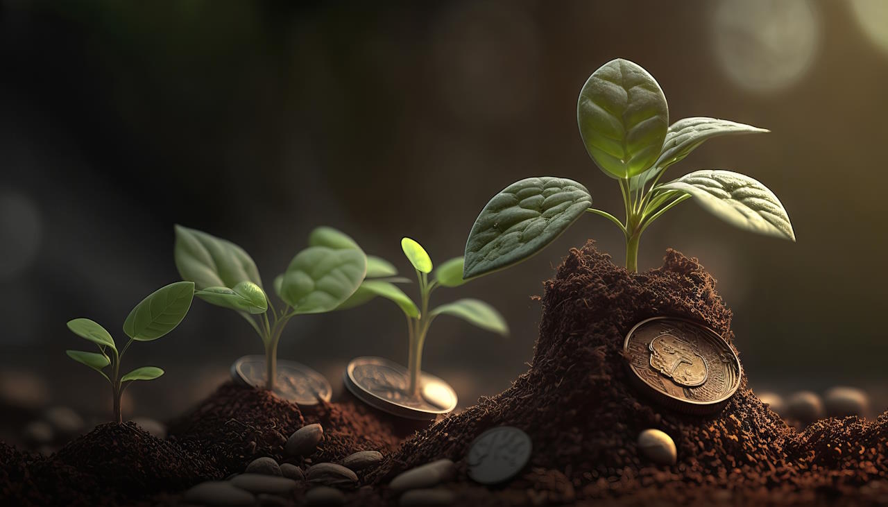 Seedlings growing on coins, in soil medium