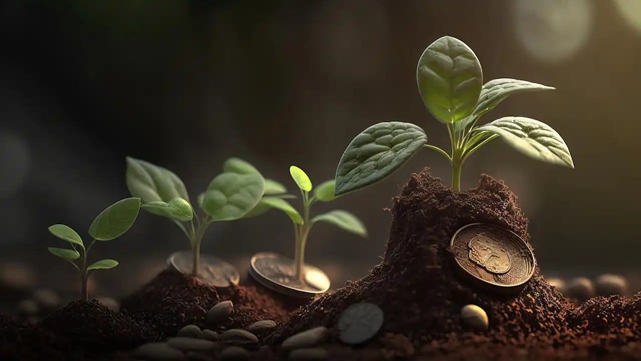 Seedlings growing on coins, in soil medium