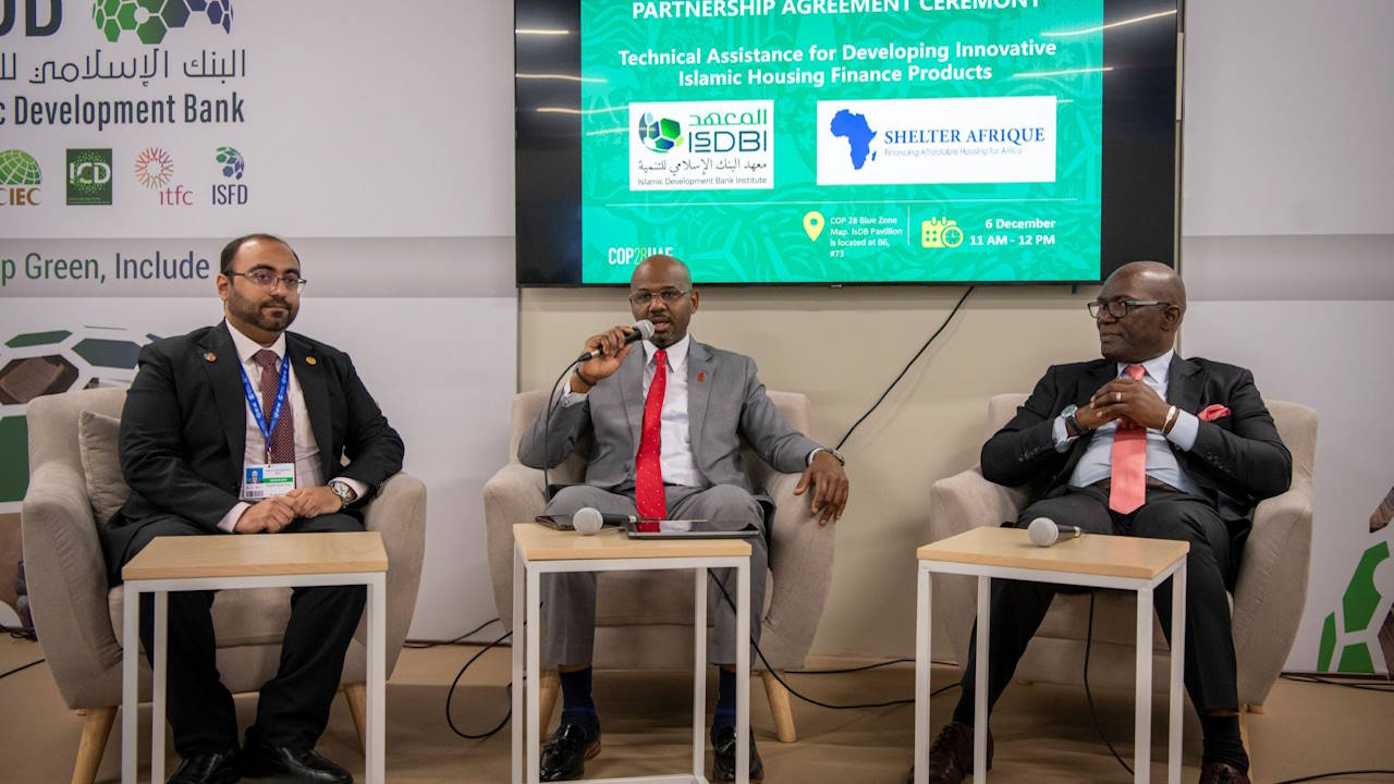 Shelter Afrique managing director Thierno Habib-Hann, middle, and other officials at COP28 in Dubai, 6 December. Shelter Afrique, a pan-African housing finance institution, announced a collaboration with the Islamic Development Bank Institute (IsDBI) on the sidelines of COP28. The partnership aims to develop Islamic housing finance products to meet the growing demand for affordable and climate-resilient housing solutions across the continent.