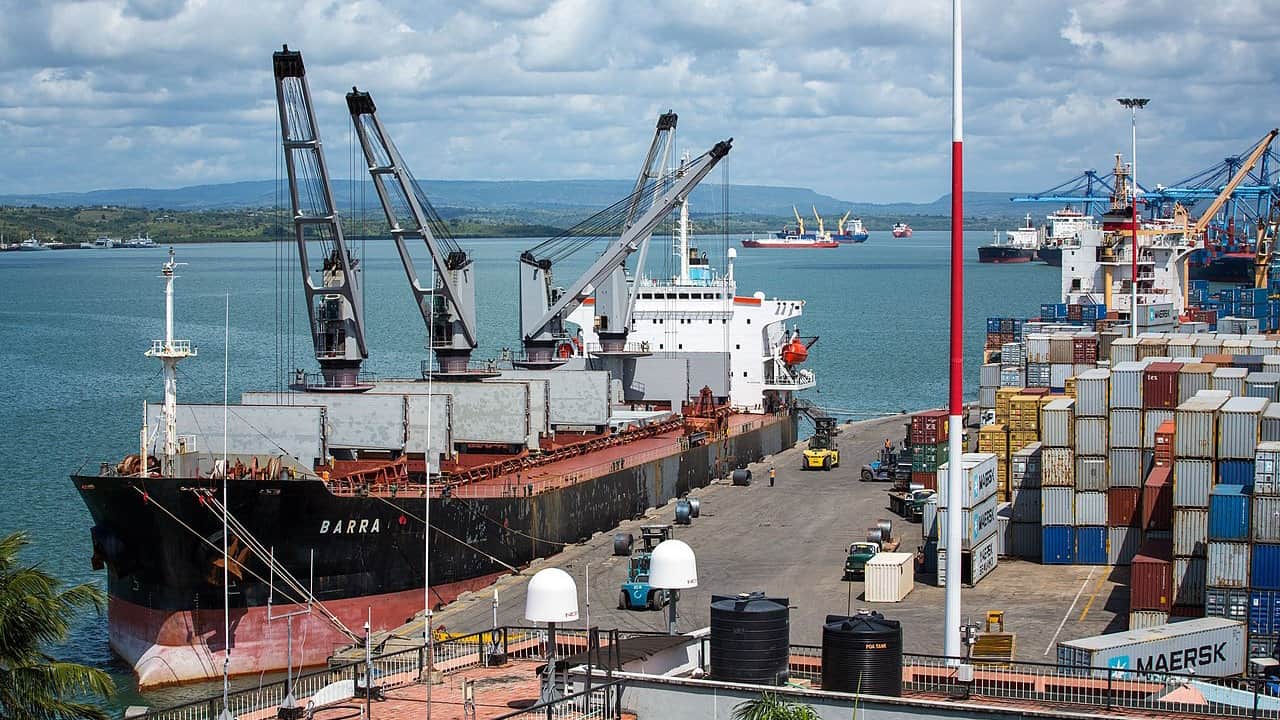 A cargo ship docked at the port of Mombasa on Kenya's Indian Ocean Coast, as workers prepare to load it