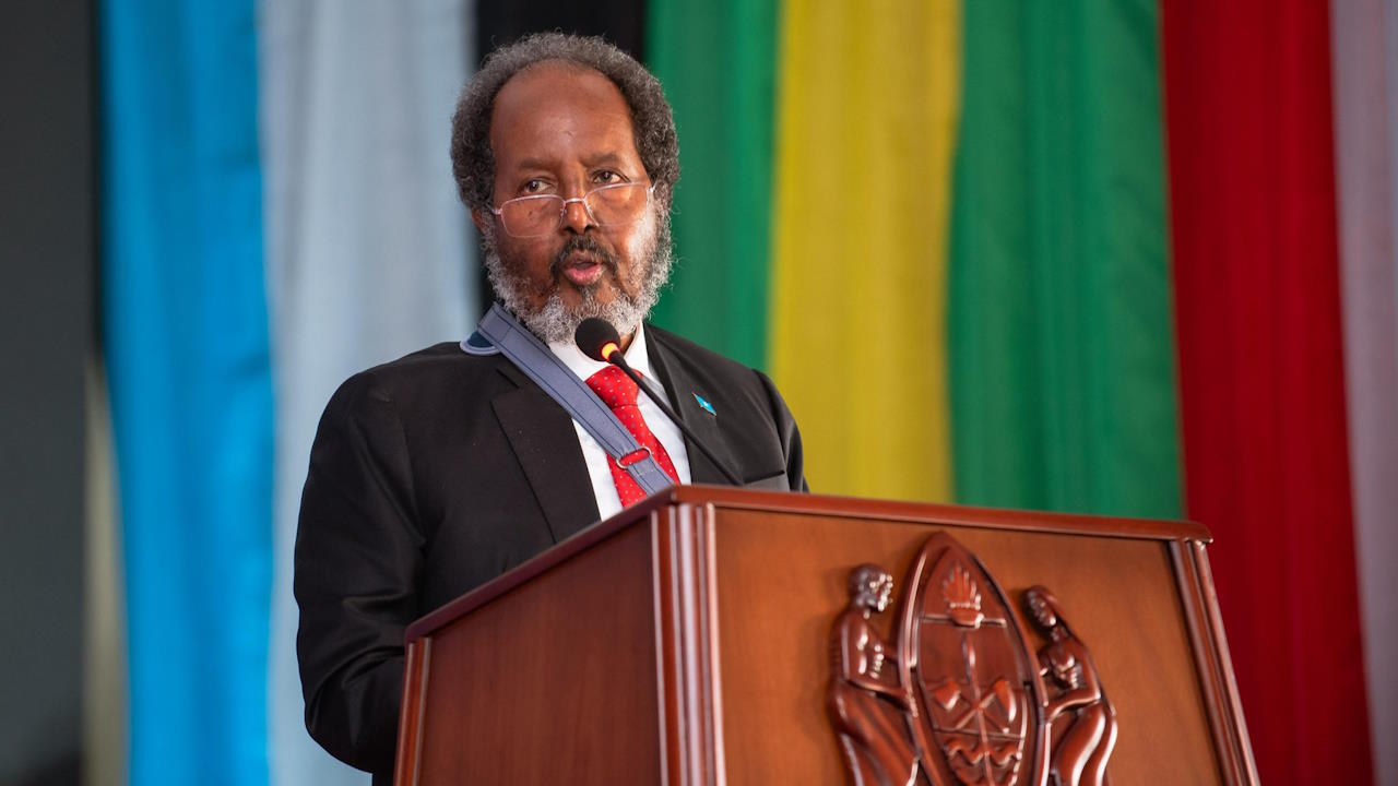 Hassan Mohamud, President of Somalia, speaks at the 23rd Ordinary Summit of Heads of State of the East African Community