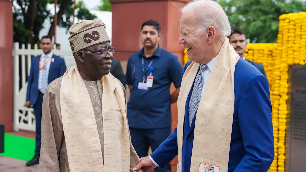 US President Joe Biden bids farewell to Nigerian President Bola Ahmed Tinubu at the Raj Ghat Memorial before departing for the Indira Gandhi International Airport in New Delhi, Sunday, 10 September 2023.