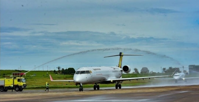 Two Uganda Airline aircraft on their maiden flight to Entebbe International Airport