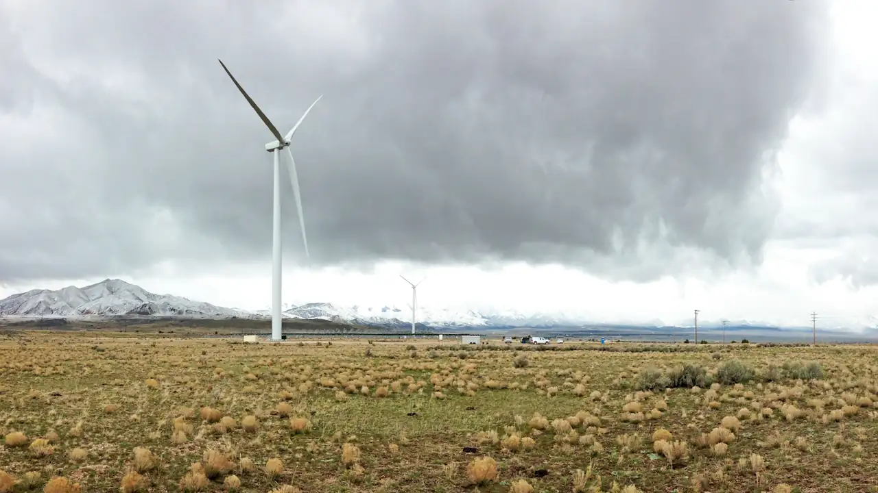 A panoramic photo shows the rapidly growing sustainable energy network constructed by the U.S. Army Corps of Engineers, Sacramento District at Toole Army Depot, Utah, March 22, 2016. When the two turbines, solar array, backup generators, battery storage systems, a micro grid and other planned renewable sources are operational, Tooele expects to become net zero by 2020 – going off grid and producing all of its own energy needs.